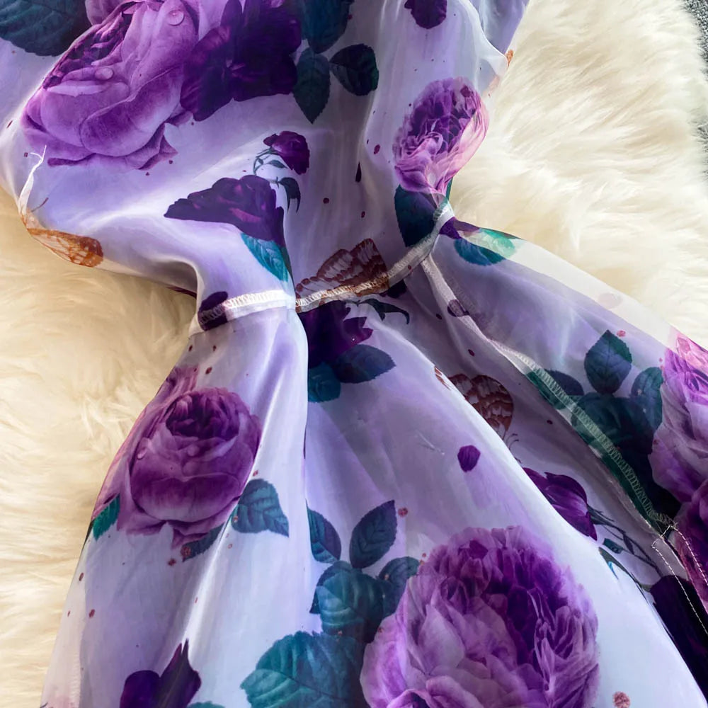 American Chic Maxi Dress for Women Floral Printed Skew Collar Sleeveless Female Dresses A-line Evening Club Vestidos Dropship