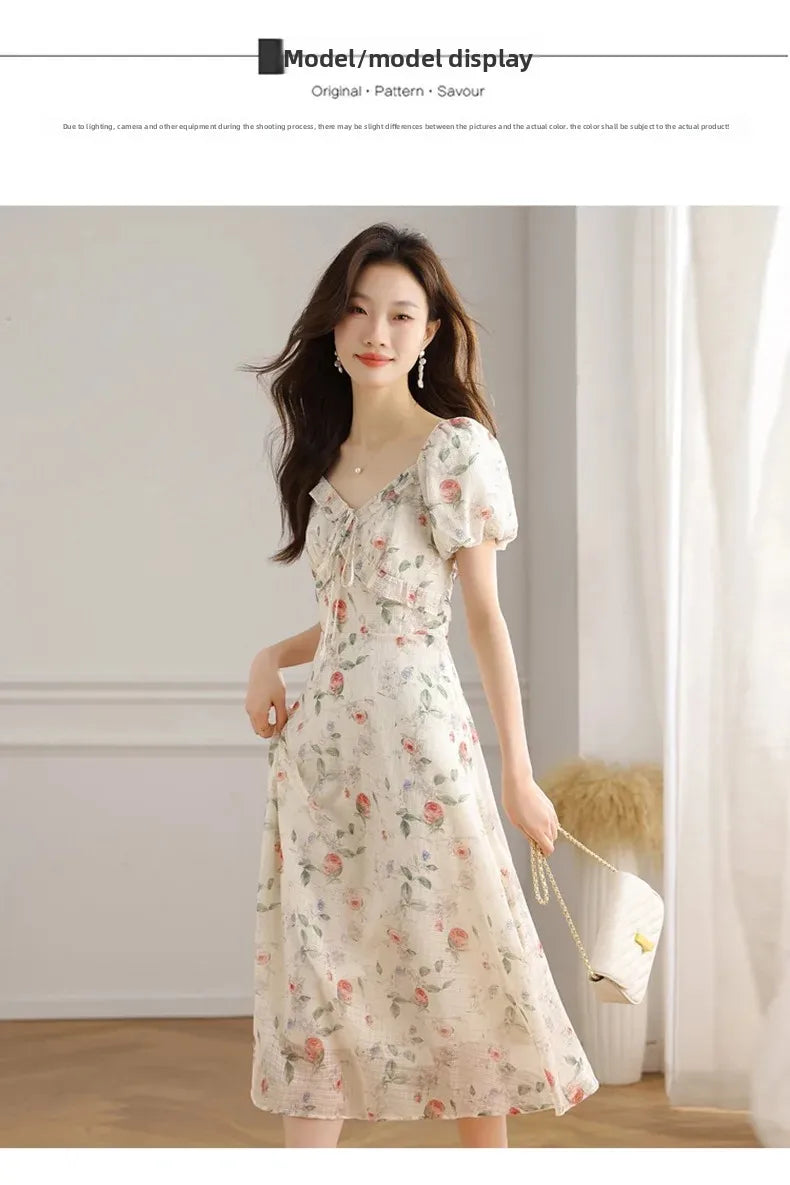 Elegant Summer Dress with Bubble Sleeves And Bellflower Pattern Slimming Empire Waist Knee-Length Polyester Fiber Short Sleeve