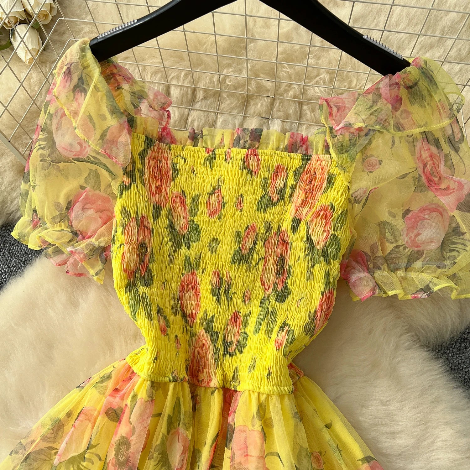 Retro Floral Chiffon Dr Women's Waist Cinched One oulder Bubble Sve Me Skirt Commute Korean Sle High Waist A-Line...