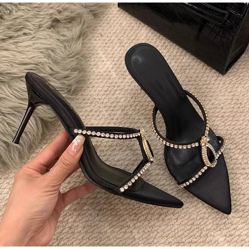 Luxury Rhinestones Gem Women Slippers Sandals Elegant Pointed toe Stiletto High heels Mules Slides Fashion Summer Party Shoes