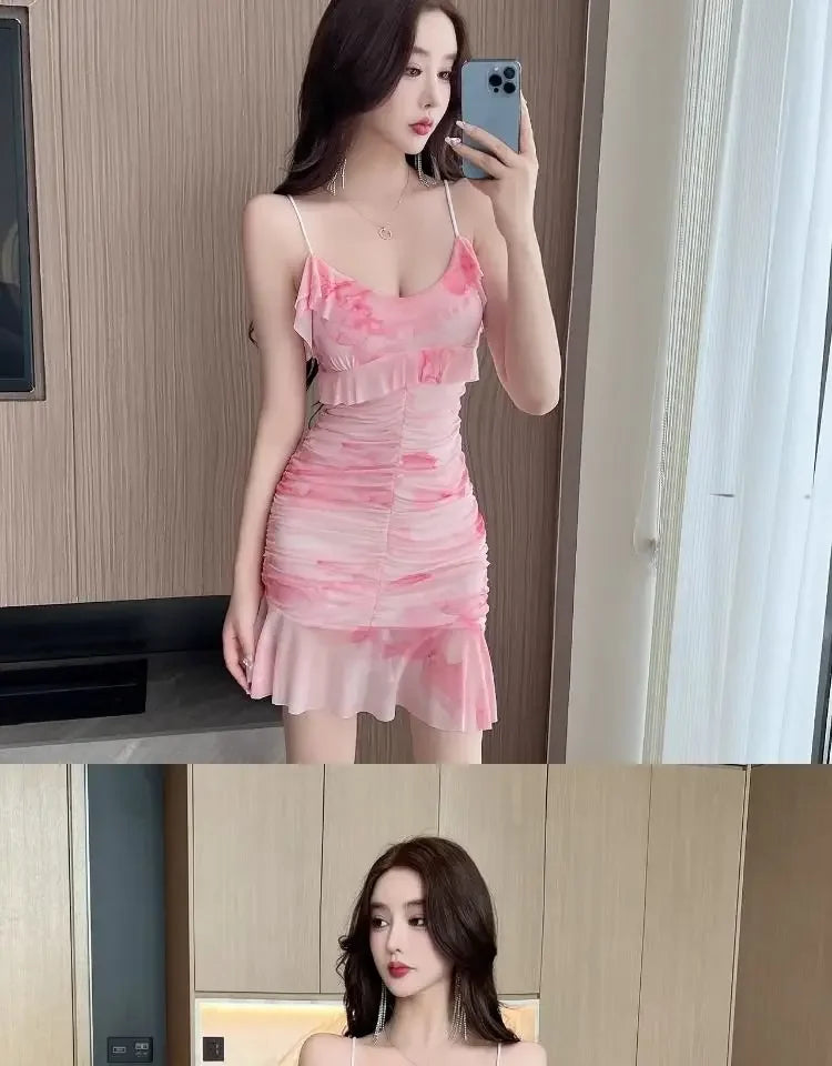 Summer French Pure Sexy Mesh Printed Suspender Dress Waist Pleated Bag