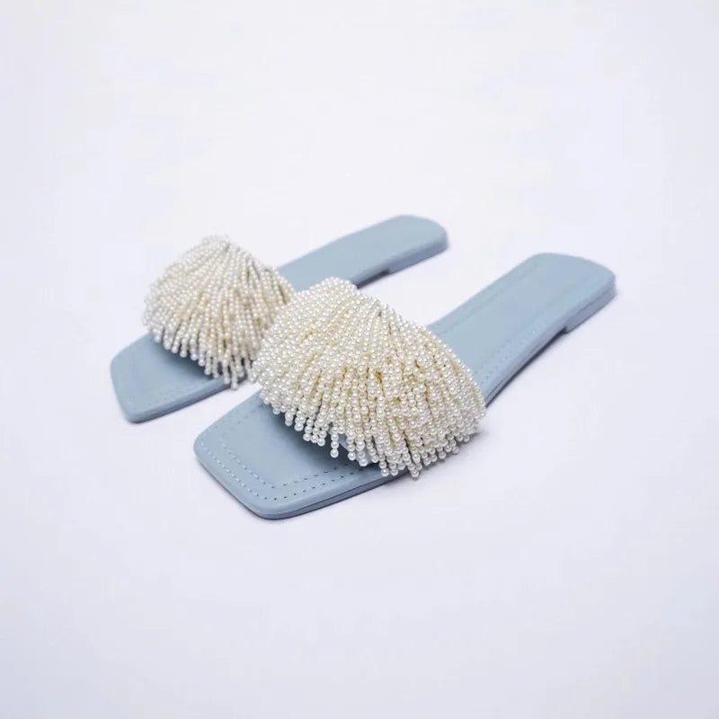 2025 Handmade Pearls Open Toe Flat Heels, Elegant Dress Woman Outdoor Fashion Casual Party Beach Slippers Slideshow