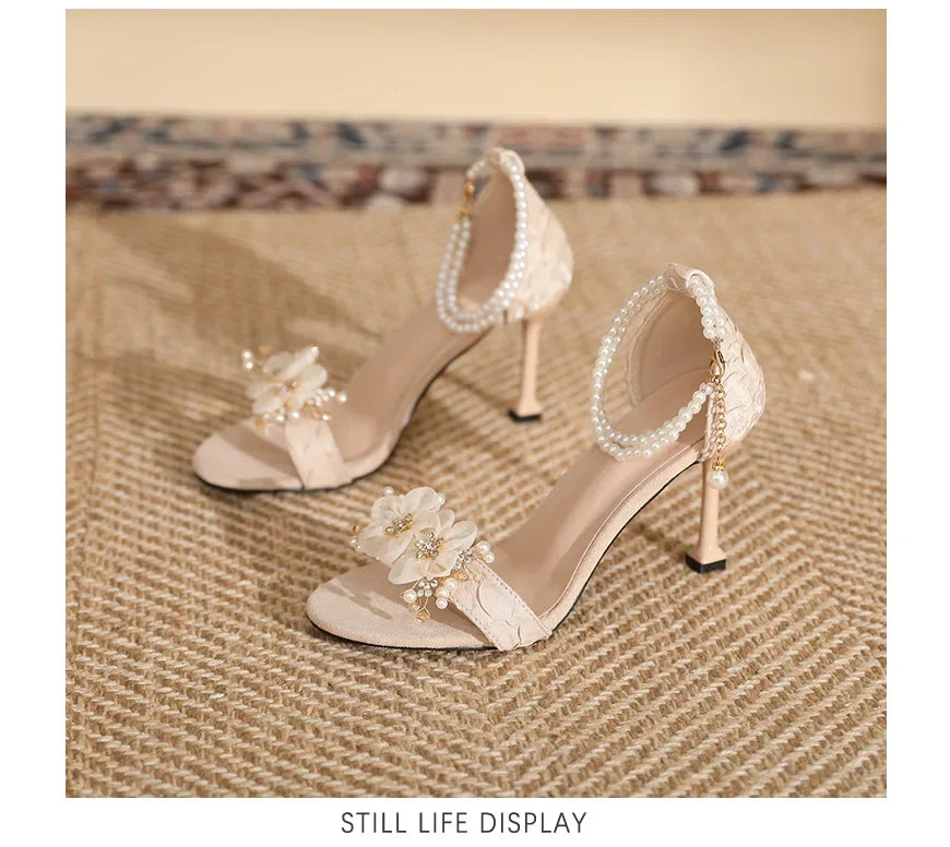 Small Size 31 32 33-43 Women Peep Toe Sandals Wedding Heels Wide Fat Feet Shoes for Women Pearl Flower Bridal Shoes Zaptos Mujer