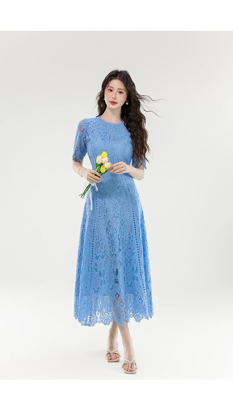 High Quality Lace Hollow Out Women Long Elegant Office Dress Summer French Chic Casual Vintage Purple Short Sleeve A-line Dress