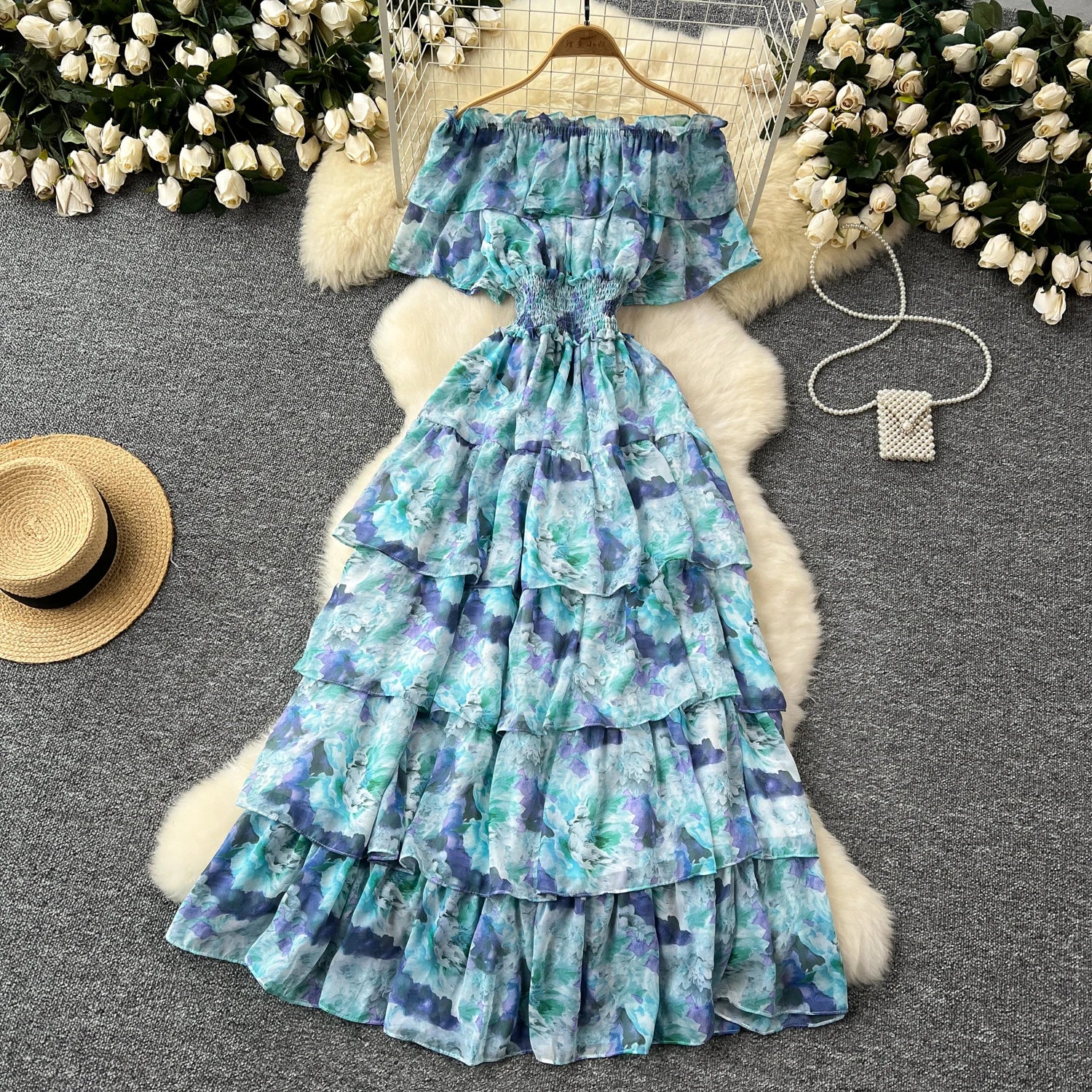 French Vintage Off Shoulder Short Sleeve Ruffle Tiered Long Dresses Chic Casual Beach Vacation Women Summer Chiffon Clothing