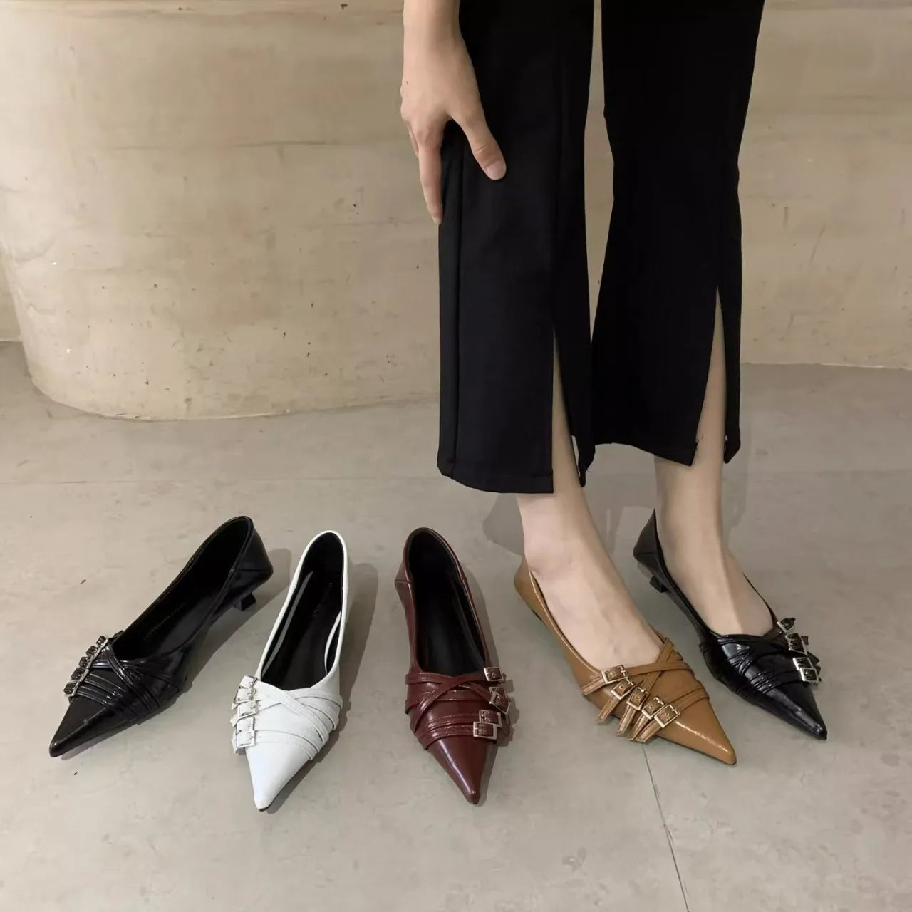 Thin Heeled Square Buckle High Heels for Women 2025 New French Style Shallow Mouth Low Heel Small Leather Shoes