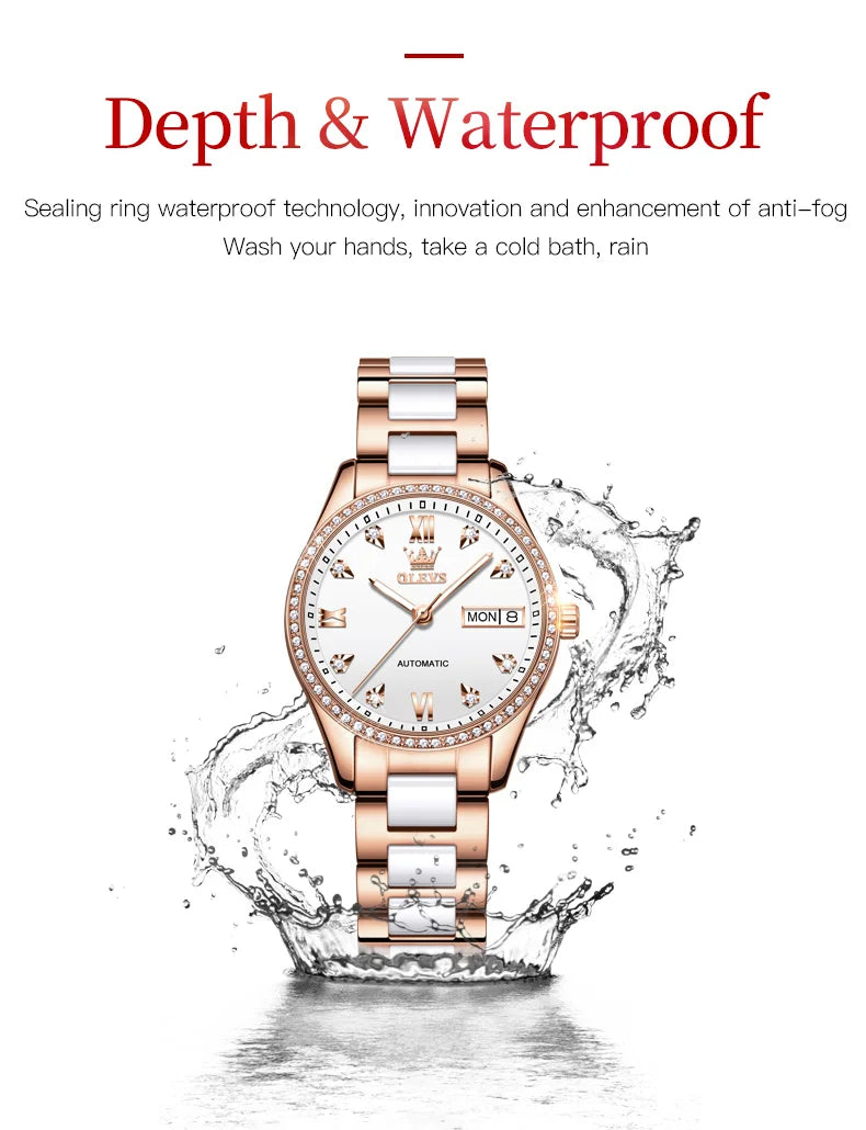 OLEVS Fashion Women Mechanical Watches Luxury Diamond Ceramic Strap Waterproof Luminous Week Calendar Automatic Watch For Women