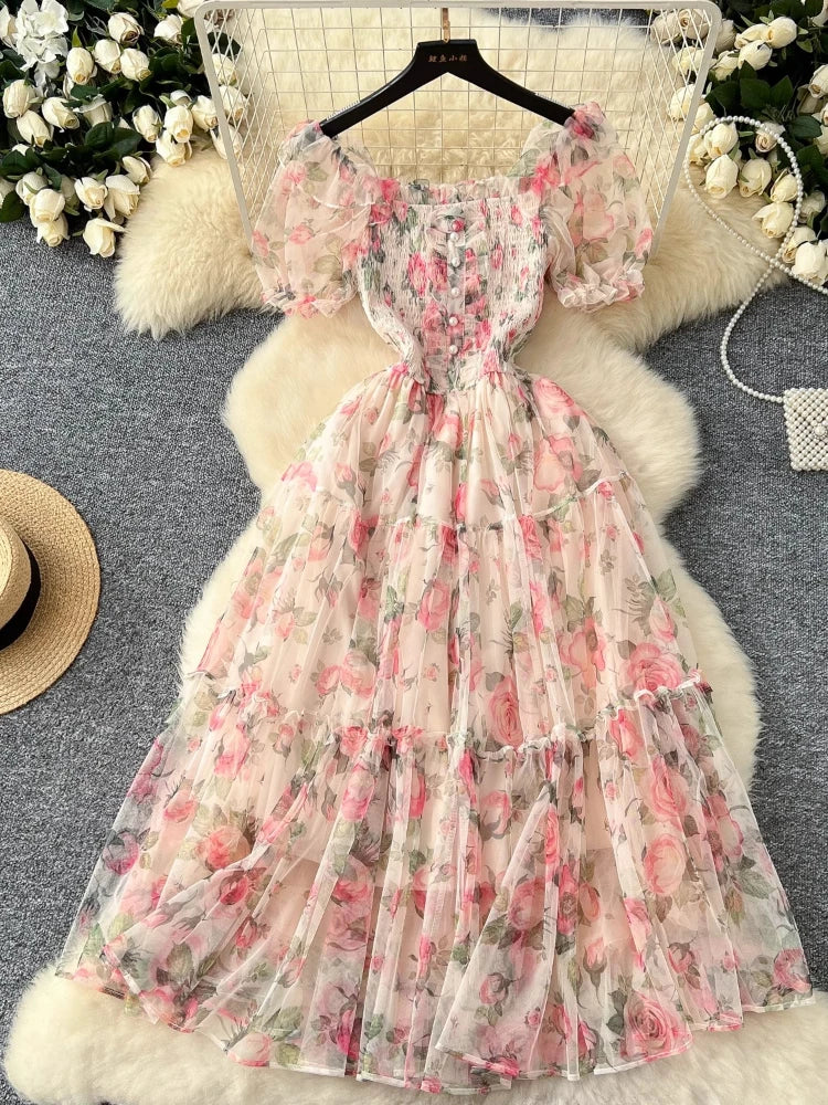 French Sweet Long Dresses Flower Print Slash Neck Puff Sleeve Pleated Patchwork Dress Summer Fashion Elegant Women Clothing 2025