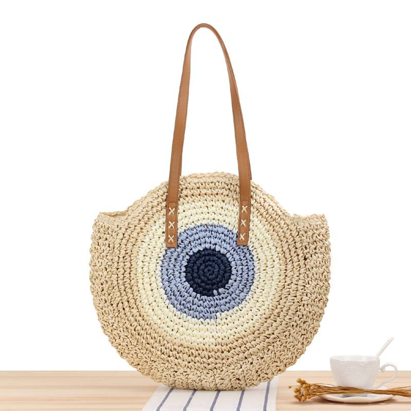 OEM Striped Hollow Moroccan Natural Large Straw Beach Tote Bag Woven Rattan Straw Bag
