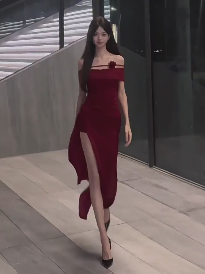 Exquisite Queen s Sexy One Shoulder Split Red Evening Dress for Women s Summer High End Temperament Banquet President s Dress