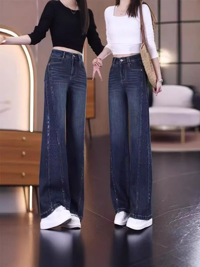 Spring New High-Waisted Slimming Rhinestone Straight-Leg Pants with Draped Effect, Narrow Version, Trendy Women's Hot-Selling Stylish Wide-Leg Jeans
