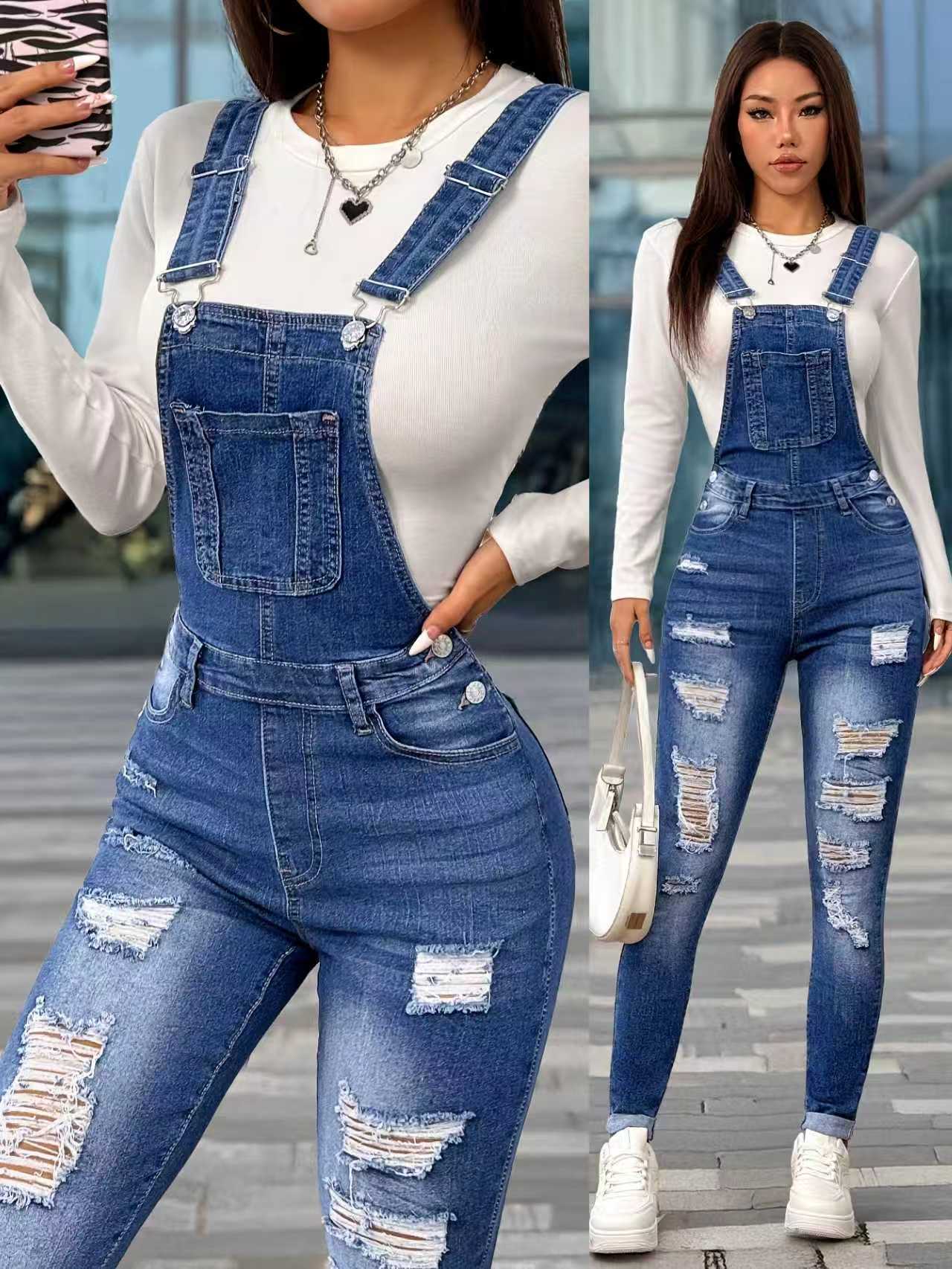 Customized Cross-Border European and American Hot-Selling Women's Stretchy Slim-Fit Ripped Denim Overalls with Skinny Legs, Export Small Orders, Quick Turnaround