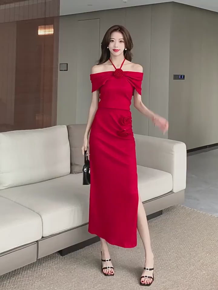 High end elegant two piece set for summer floral halter neck off shoulder fitted top and slit skirt