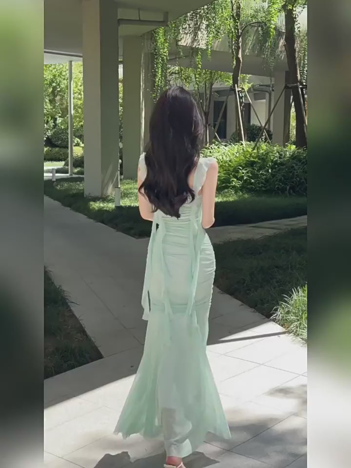 French style exquisite green mesh sundress for women perfect for summer beach vacations elegant fitted waist bodycon fishtail maxi skirt