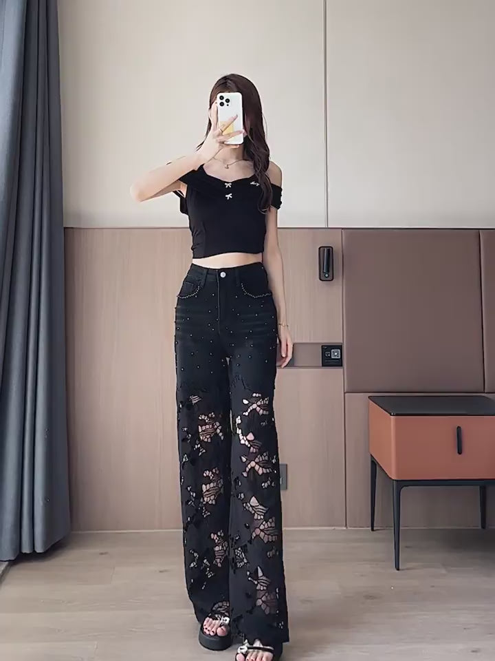 Lace Hollow Out Wide-Leg Jeans for Women – New Summer/Fall Trend, Lightweight, Rhinestone-Embellished Flared Pants