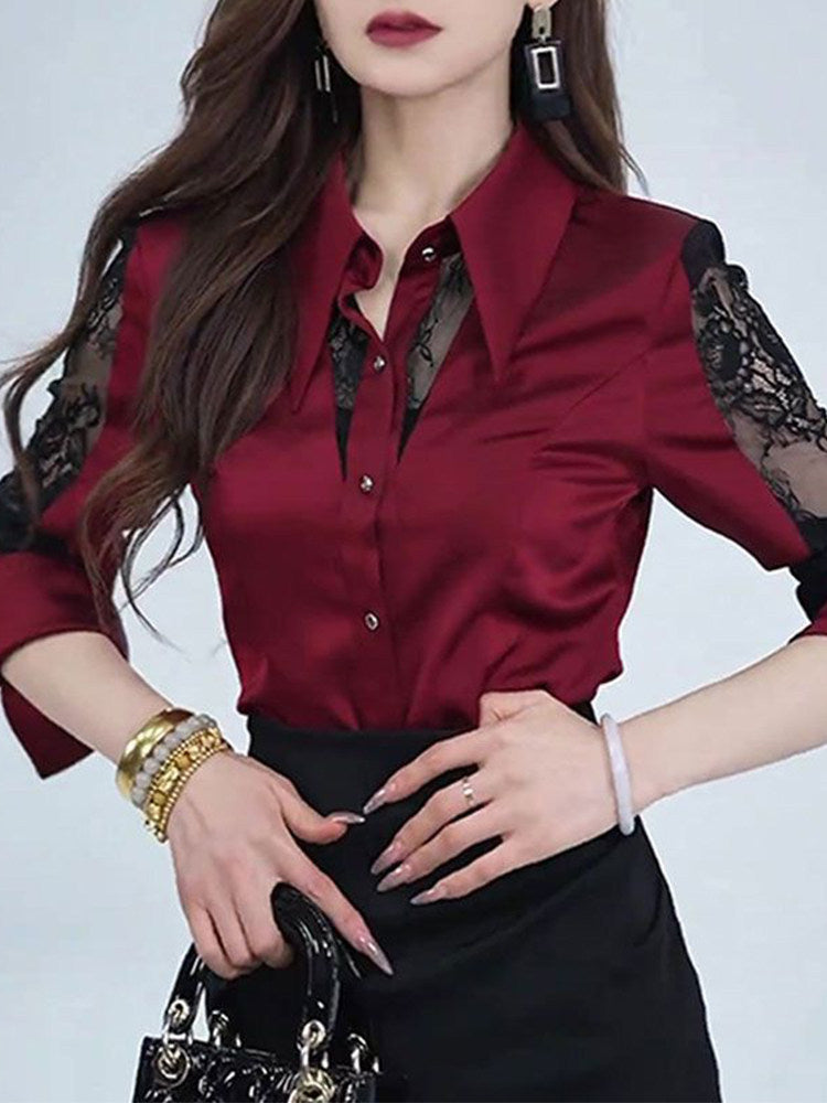 Chic French Style Red Long Sleeve Shirt for Women – Spring & Autumn Fitted, Flattering & Youthful Lace Tulle Panel Top