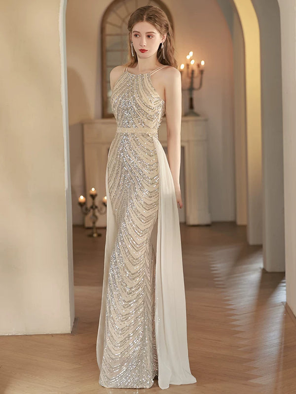 High-End Tail Fishtail Evening Gown Long Dress for Women, Elegant Off-Shoulder Halter, Light-Luxury, Boutique, Upscale Party Guest Formal Wear, Host Gown