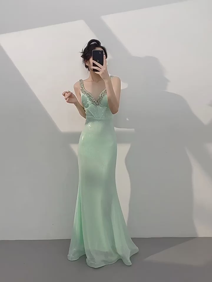 High end evening gown for women 2025 new style elegant green sequined fishtail long dress for banquets V neck