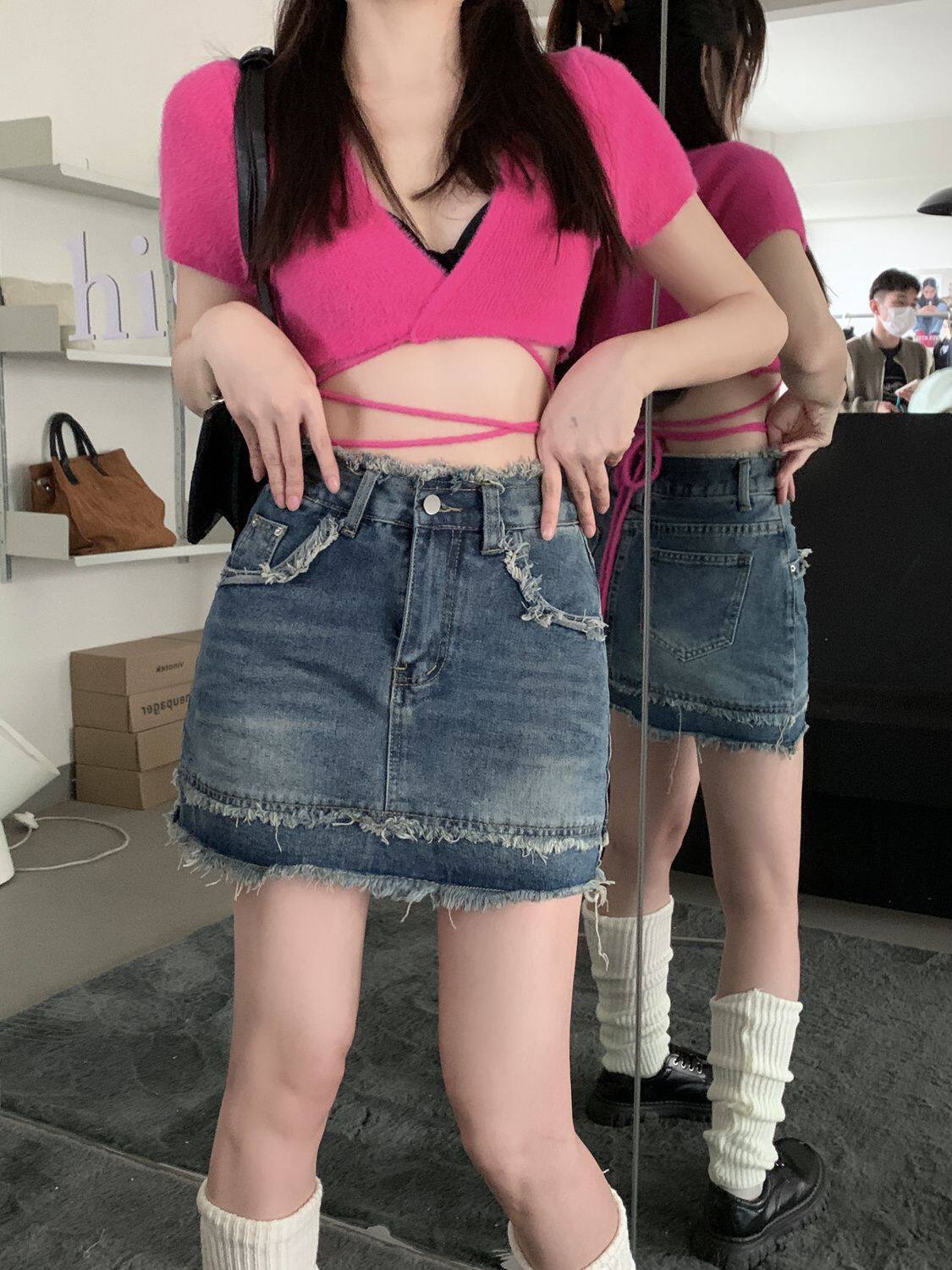 Hot Girl American Retro Denim Skirt for Women, Summer Plus-Size High-Waisted Frayed Hem Bodycon A-Line Short Skirt Skirt Pants