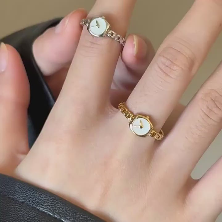 A reverse clock design a minimalist watch chain ring for women adjustable thin with a drop glaze finish for the index finger